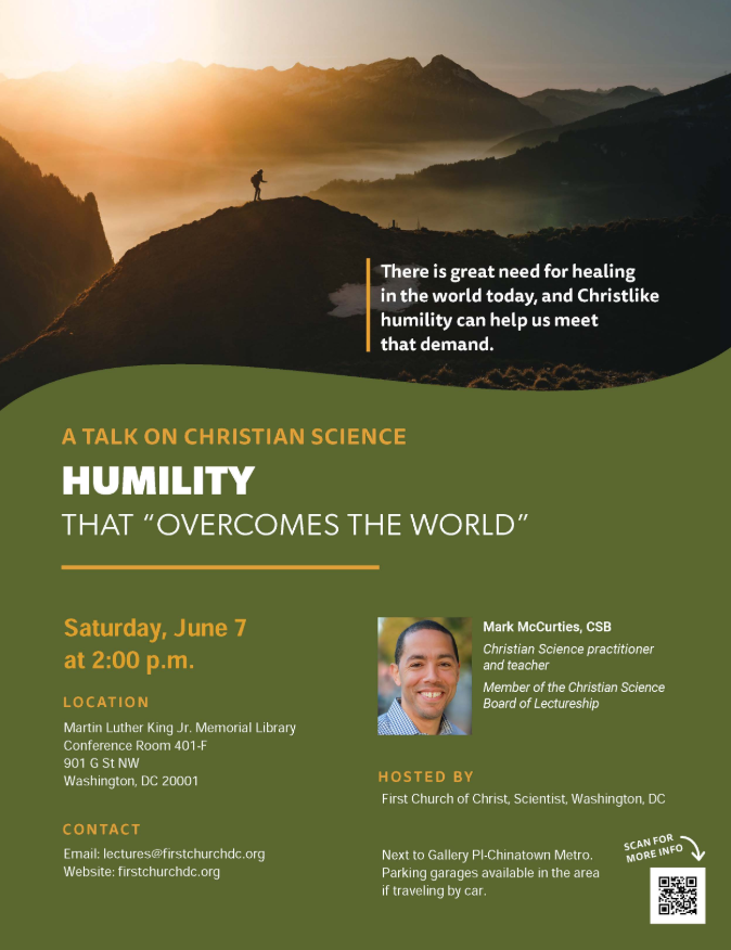 A flyer for a talk on Christian Science by Mark McCurties, CSB entitle Humility that "overcomes the world."
